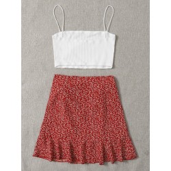 Conjunto top de tirantes tejido de canalé con falda con estampado de plantas