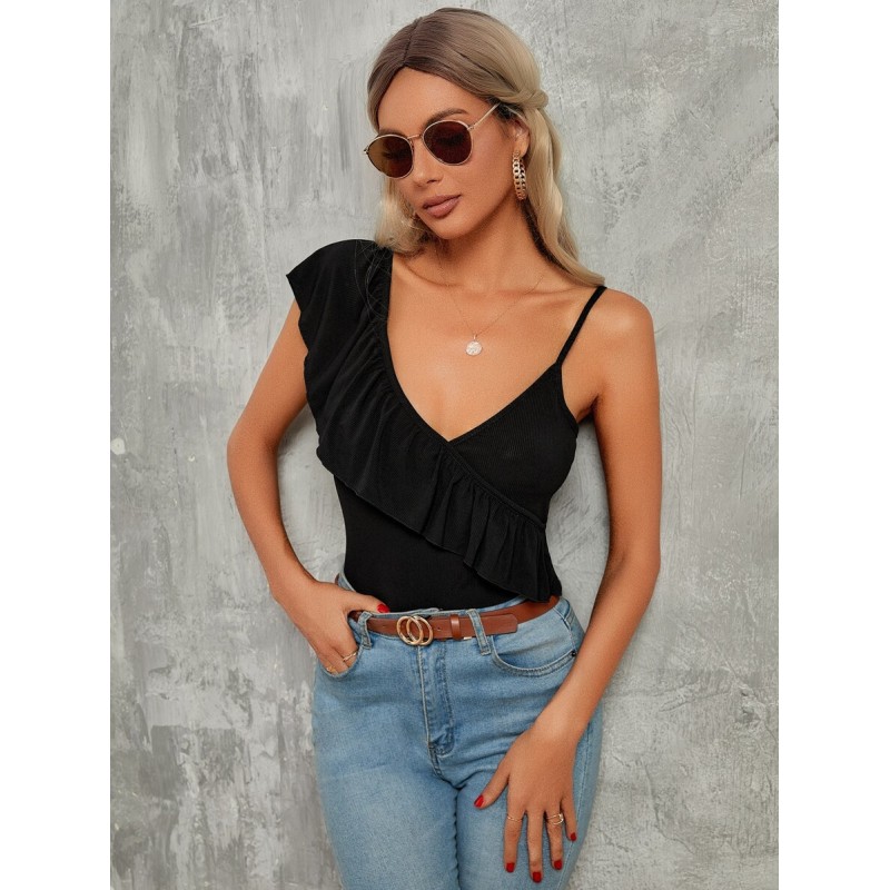 Top ribete con fruncido de cuello asimétrico